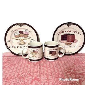 Oneida Chocolate and Cupcake Dessert Plates & Coffee Hot Cocoa Mugs 4 Piece Set